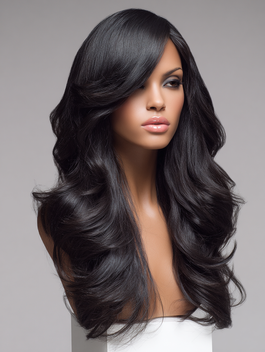 Woman with long, wavy black hair on a gray background