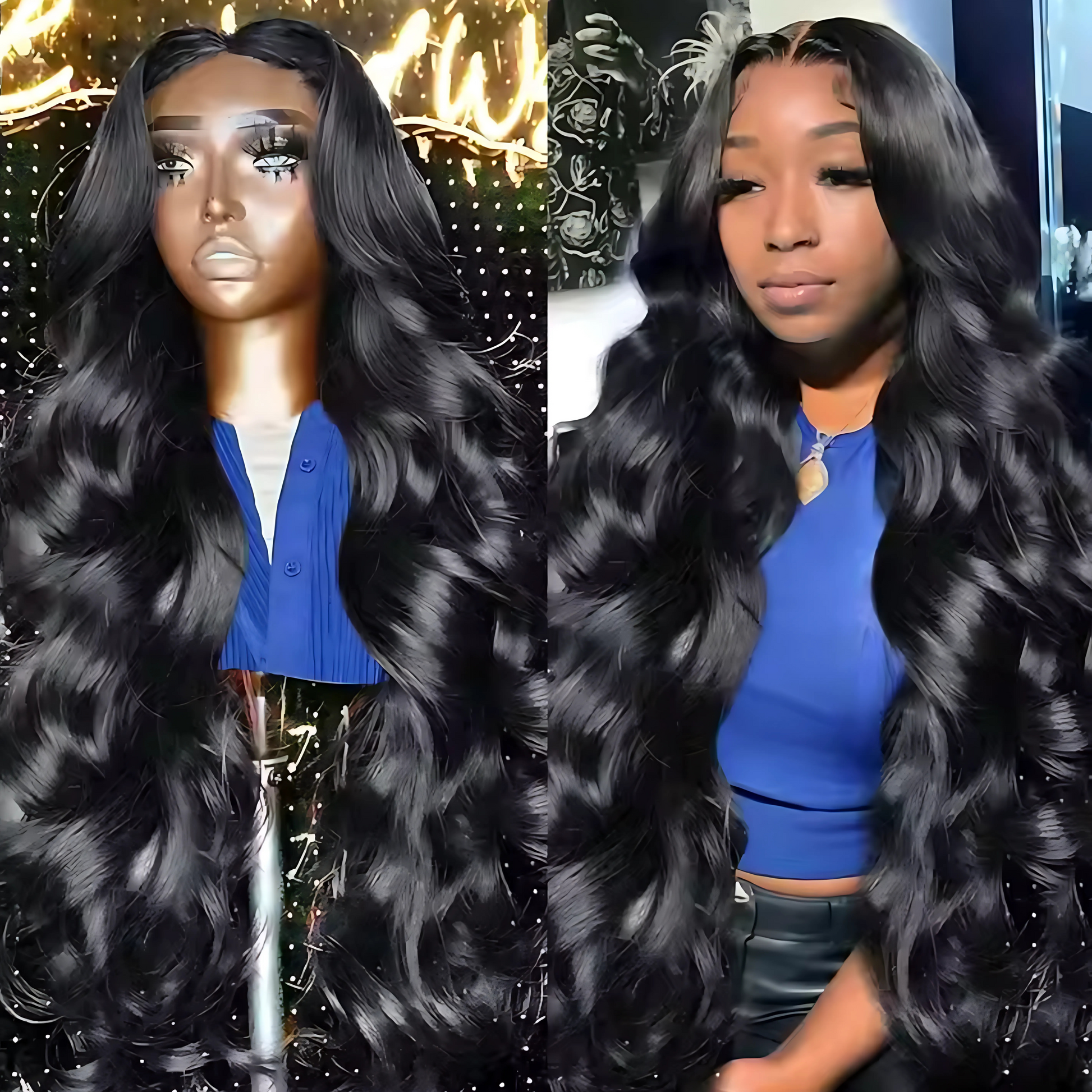 Collage photo showcasing long body wave style hair on a mannequin head and also on a black woman in a hair stylists chair. 