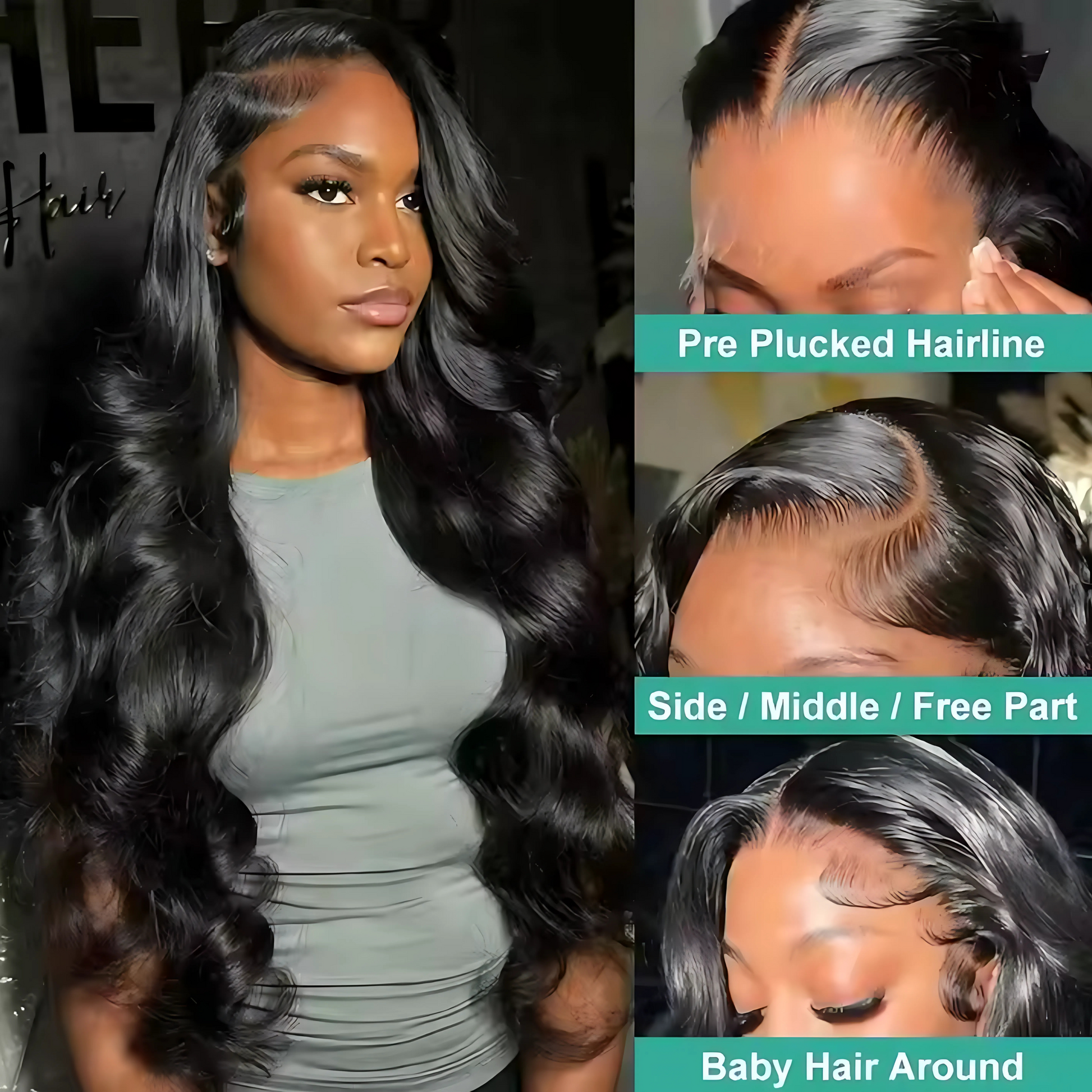 Collage of images which show different details of the wig product. The left is a photo of a black woman wearing 30 inch black body wave wig. The right is split into three images: the top left showcases the pre plucked hairline, the middle left, showcases the depth of the parting space in a side part style, and the bottom left  showcases the baby hairs that are around the perimeter of the hair line. 