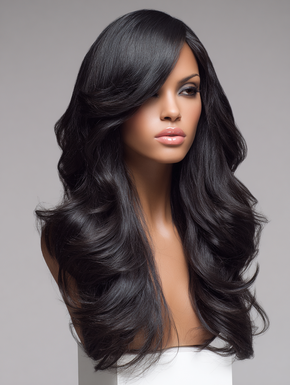 Woman with long, wavy black hair on a gray background